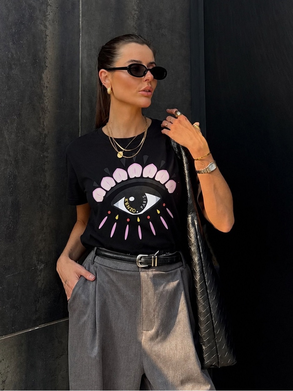 Kenzo Paris Eye Graphic Tee XS Black Pink Designer Cotton T Shirt Logo Top